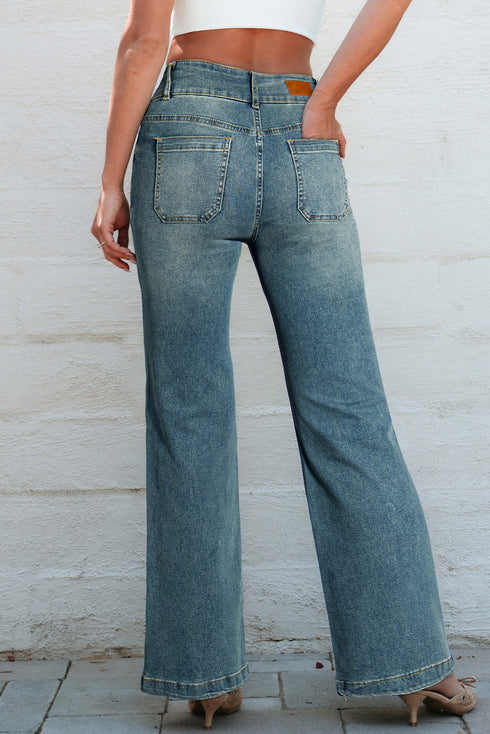 Vintage Wash Double Button Front Patch Pocket Flare Jeans